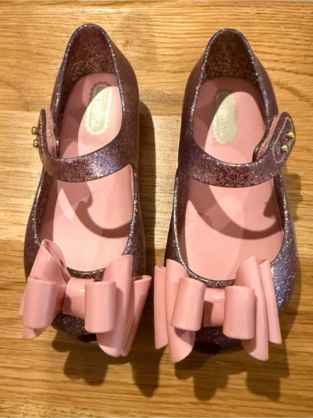 Size 8 Toddler Mini Melissa Girls’ pink purple Glitter Mary Janes with Pink Bow